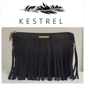 KESTREL Black Faux Suede Fringe Accessory Clutch Bag with Wristlet Strap